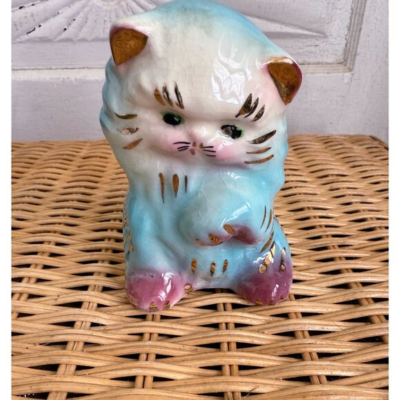 Vintage 50's Blue Ceramic Cat Kitten Planter Pot Vase Kitsch Retro - Picture 11 of 11